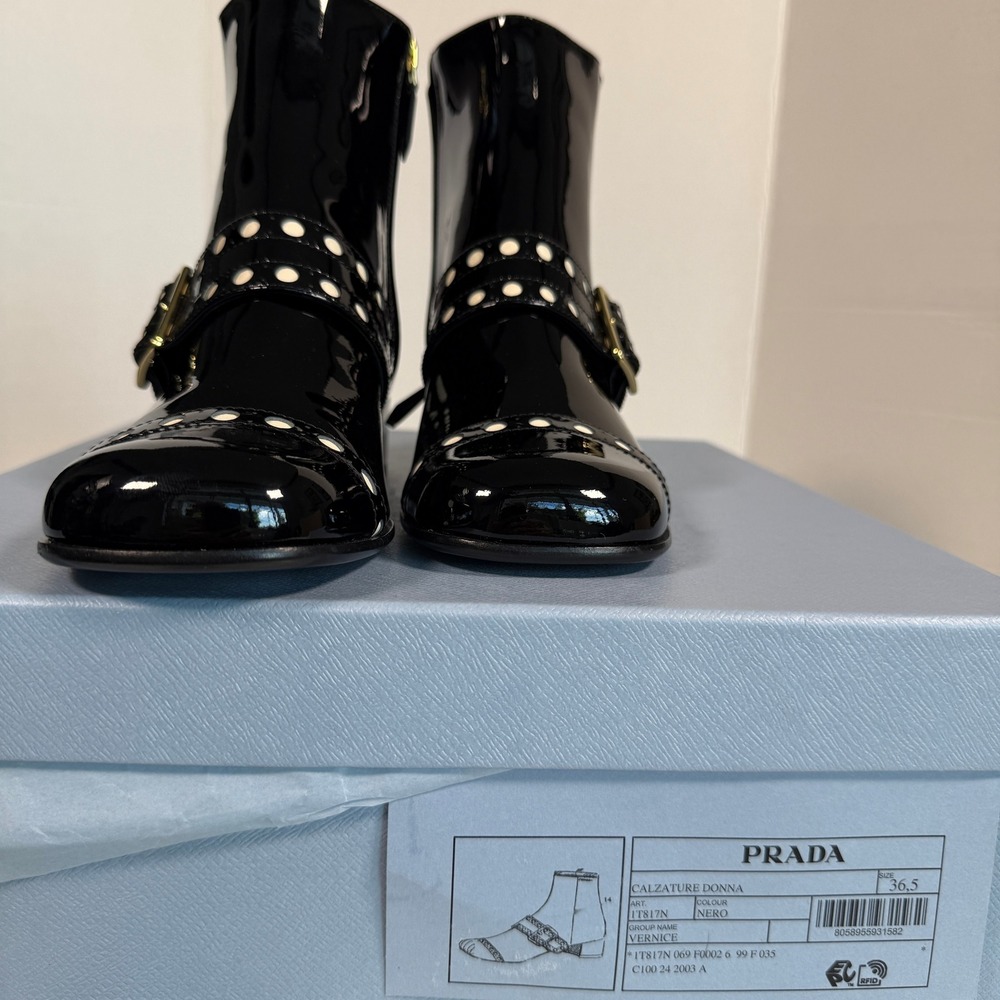 Prada 1T817N Women's Black Patent Leather Beaded Ankle Boot, sz 36.5